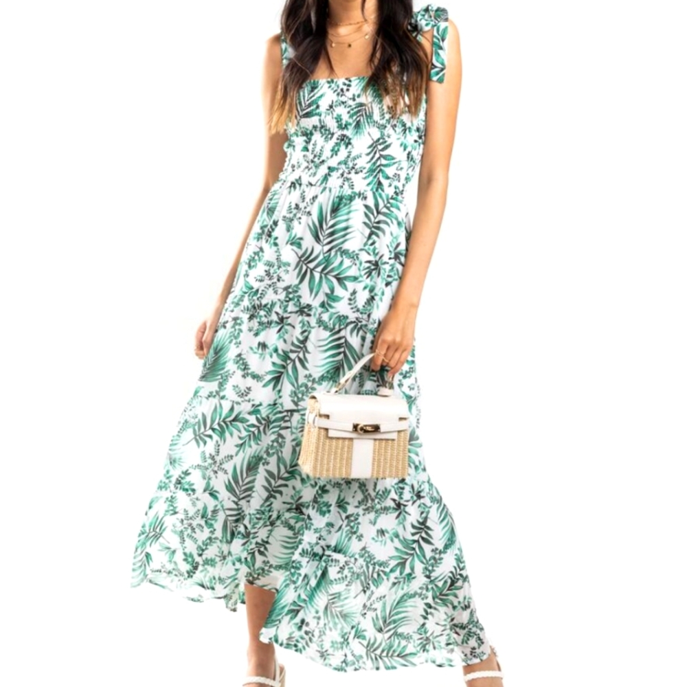 Tropical 🌴  Palm Tree Print Tier Tie strap maxi dress XS